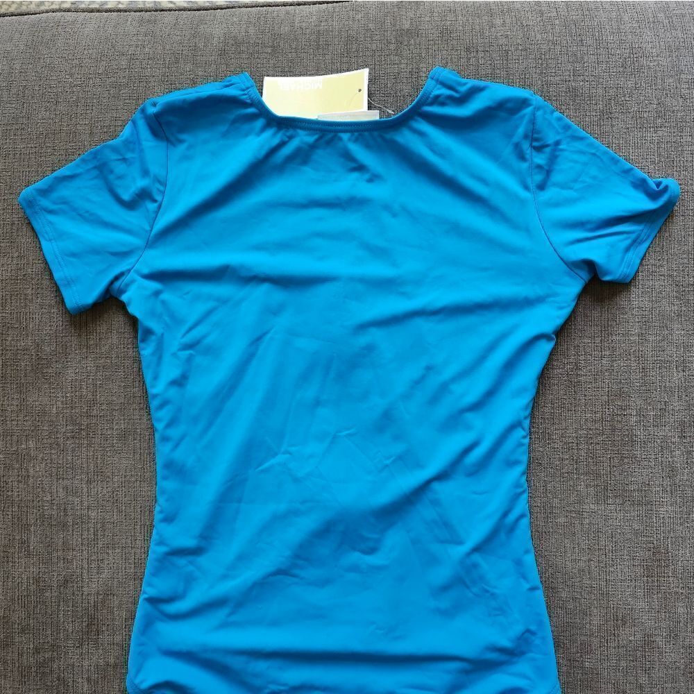 Michael Kors Blue Rashguard Short Sleeve Front Zip One-Piece Swimsuit size 10 - Picture 5 of 11